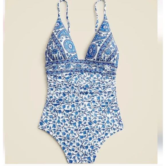 J Crew Ruched Plunge One Piece Swim Suit 8 NWT  Blue Banana Paisley CJ849 J.Crew - Picture 5 of 6